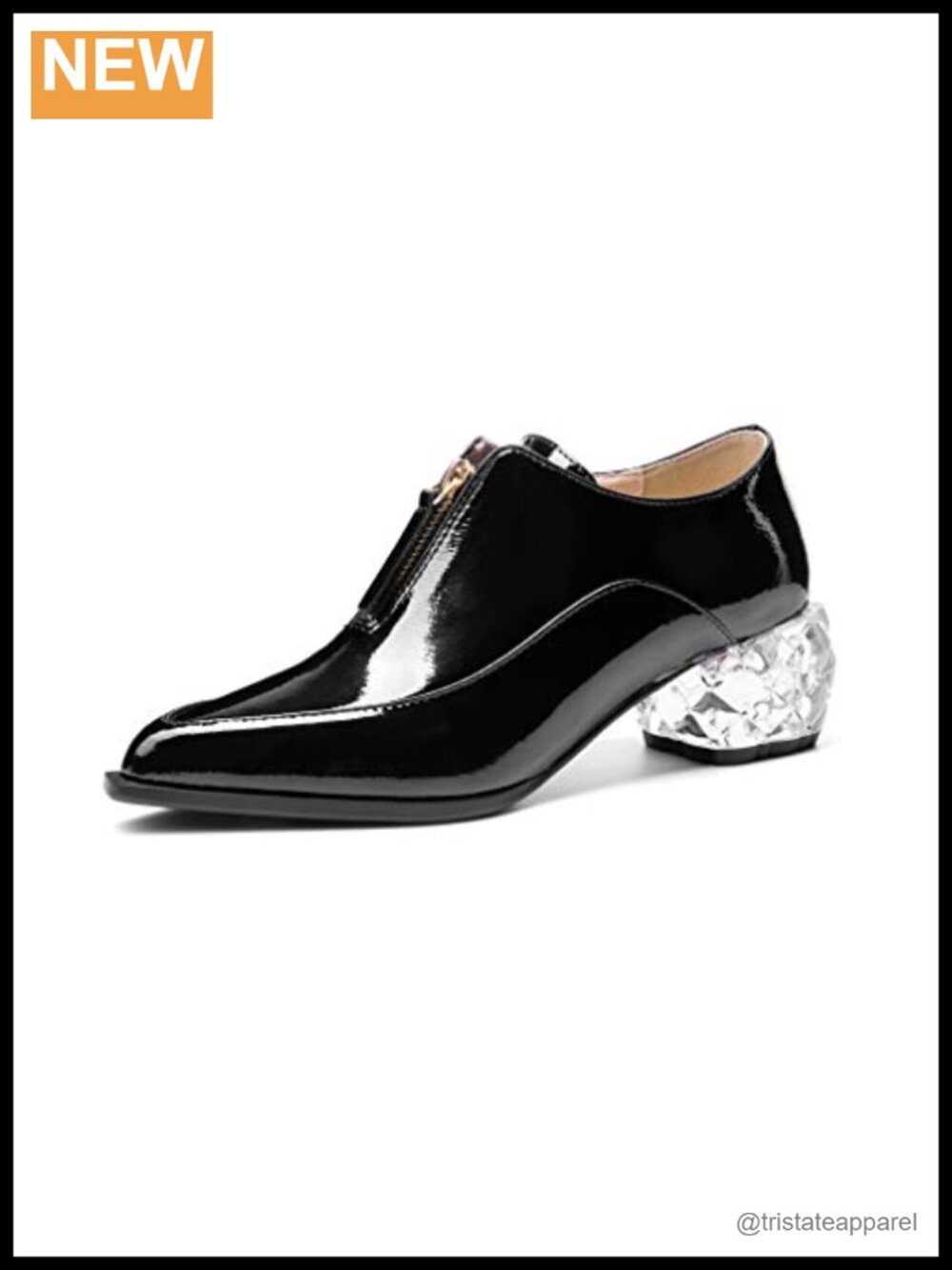 Patent Leather Pointed Toe Mid Heel Zip Up Ankle Strap Pumps